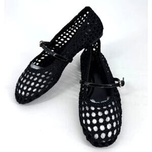 Zara Ballet Flat Shoes Black Raffia Size 10 EU 41 Woven Strap Vegan Leather